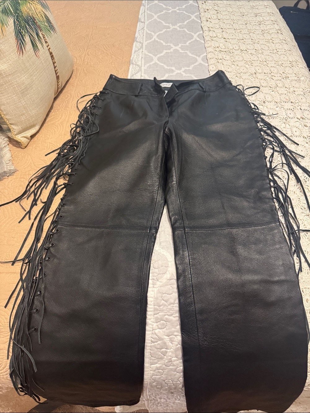 Spiegel Black Leather Fringe Lace-Up Pants